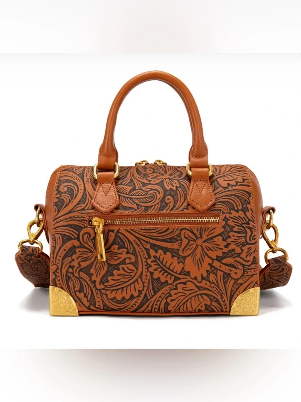 Wrangler Genuine Leather Tooled Floral Boston Crossbody Bag with Charm Chain nwt